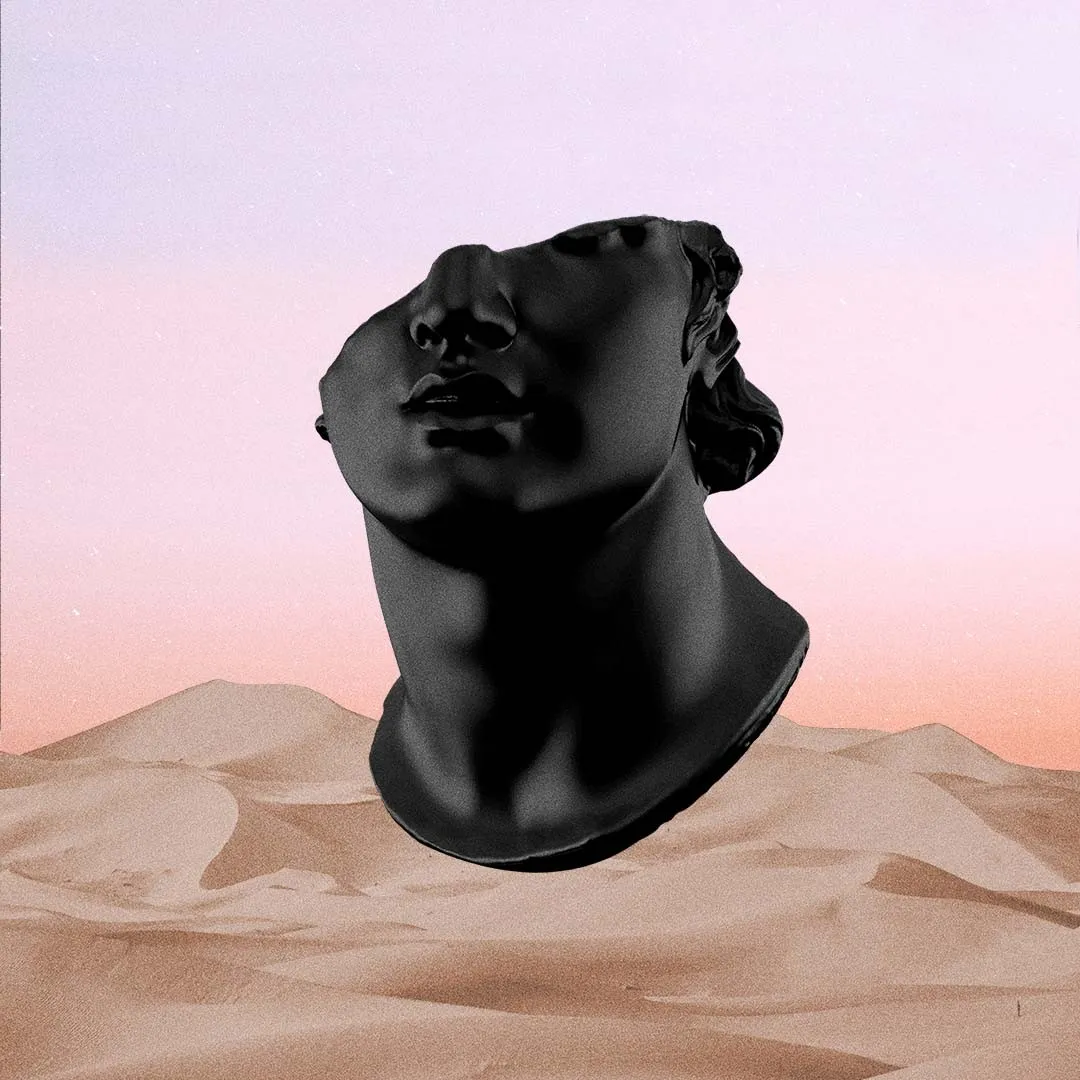 Abstract illustration of a black bust floating in the desert