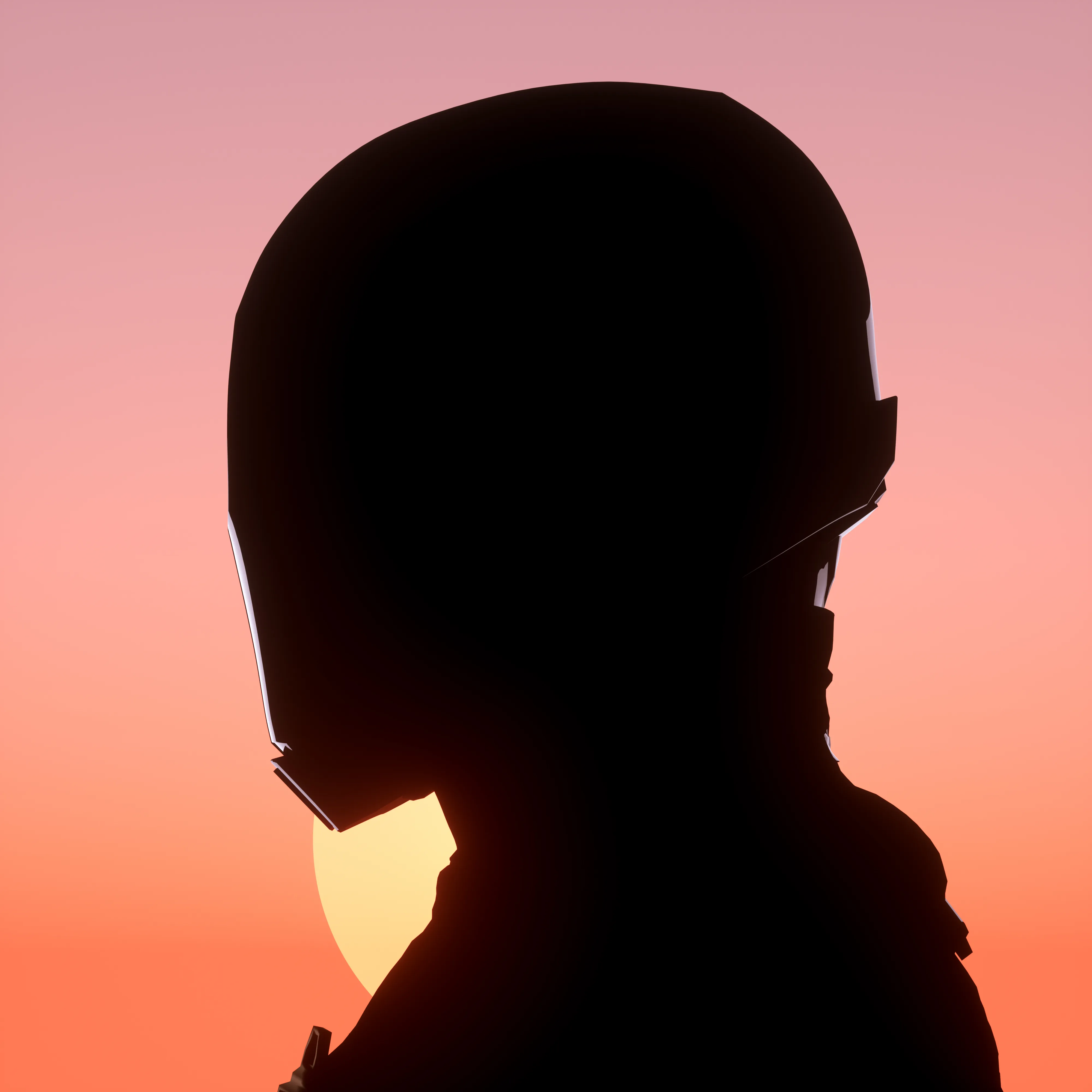 Illustration of a futuristic astronaut in front of a pink and orange gradient sky